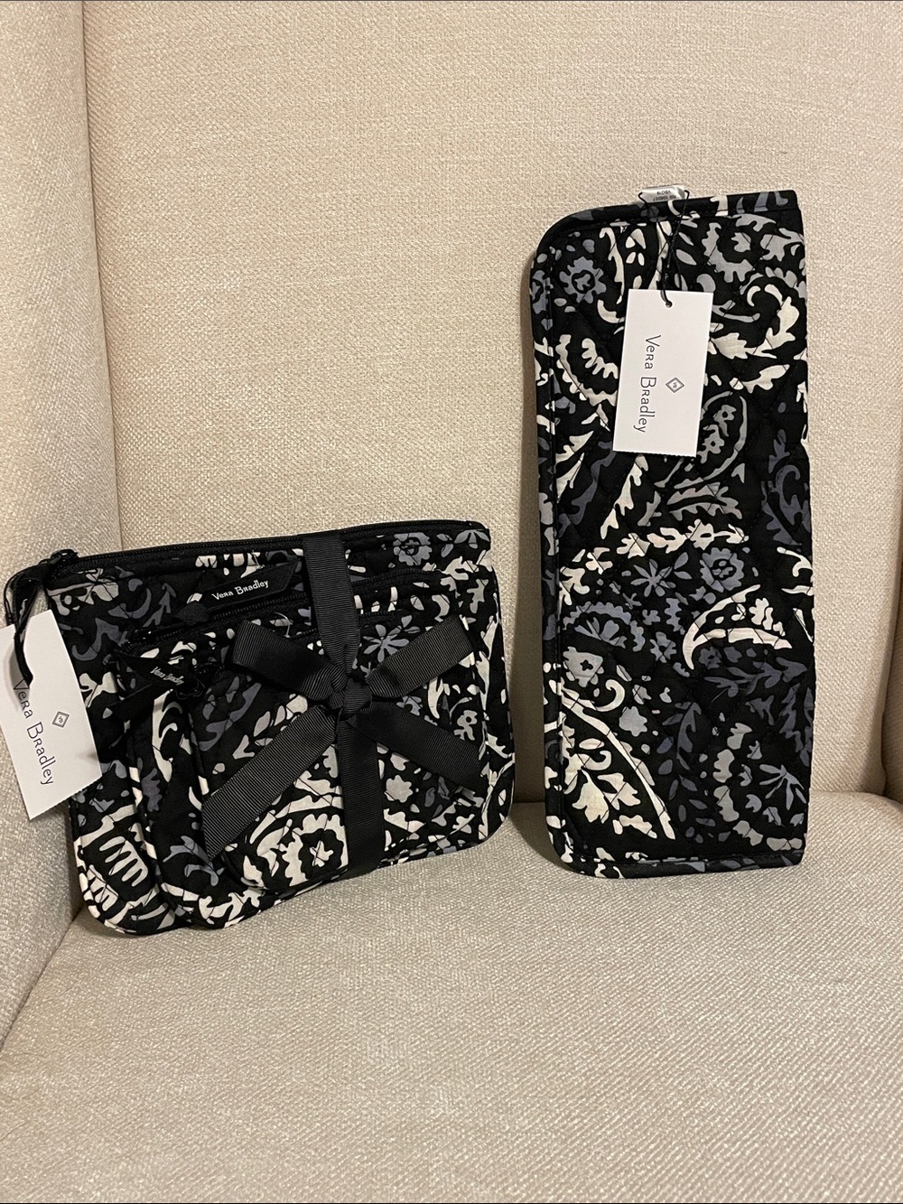 Vera Bradley Black & White Paisley Noir Quilted Cosmetic Pouches Set